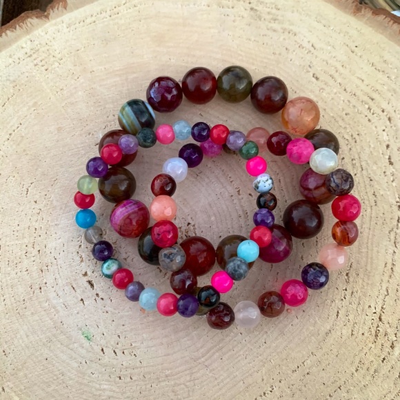 Natural Multi-Color Dyed Faceted Round Agate Gemstone Mixed Bead Bracelet Stack - Picture 6 of 13